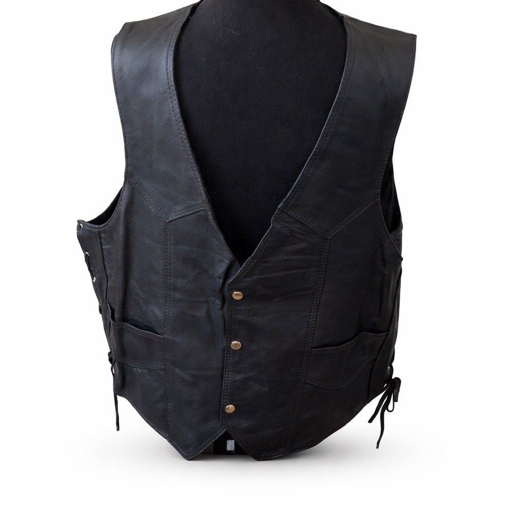 Bull Genuine Leather Biker Vest Black Snap Front Lace Side Men’s XL Like New